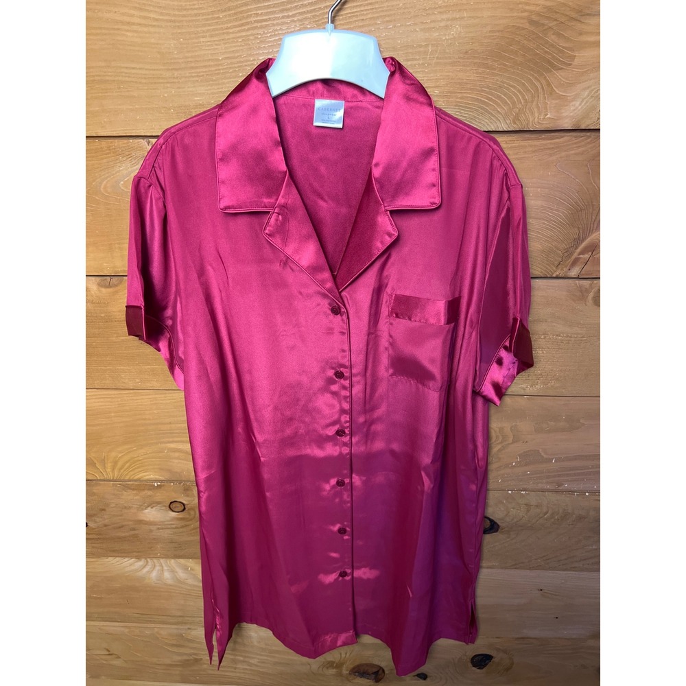 Cabernet Sleepwear Women's L Satin Button Up Short Sleeve Pajama Shirt Nightgown